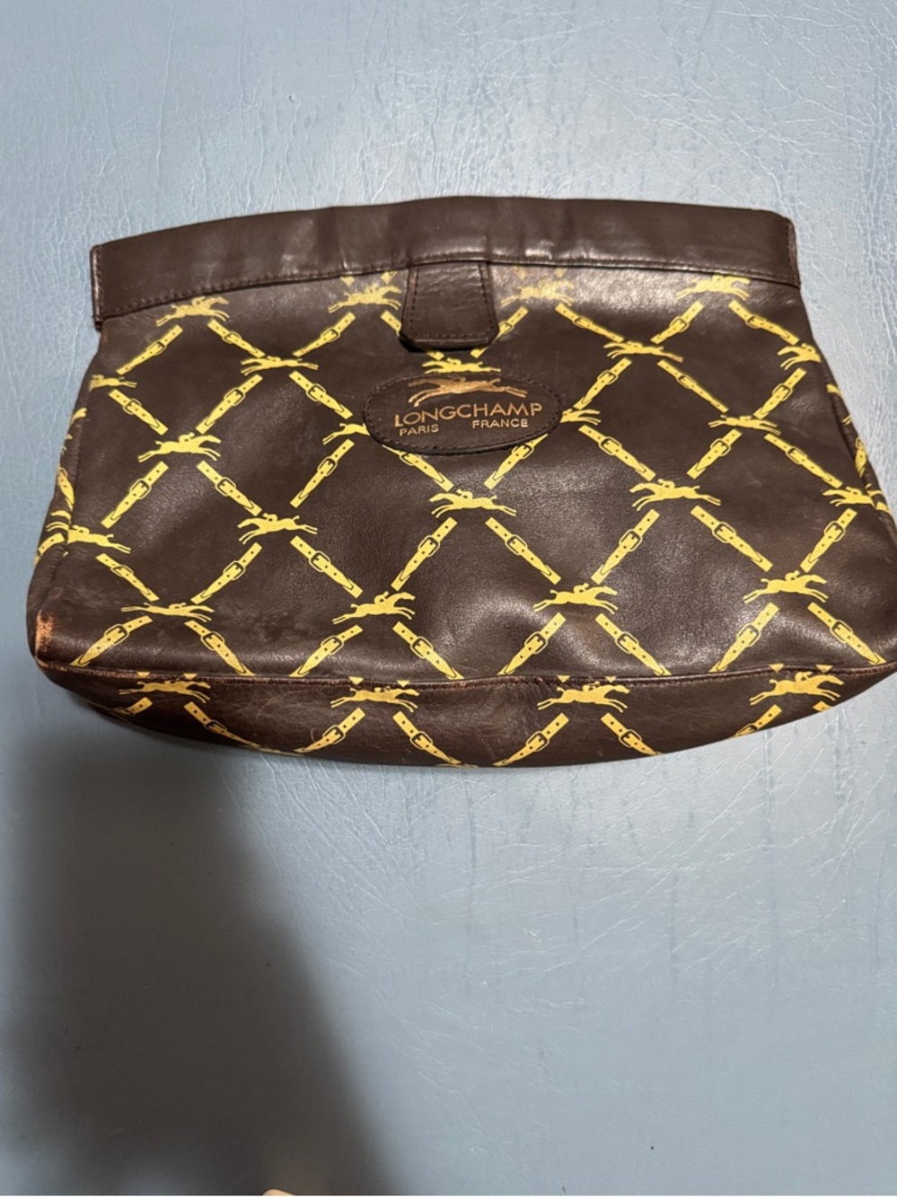 Longchamp Brown and Yellow Logo Pattern Clutch